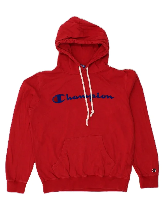 CHAMPION Mens Graphic Hoodie Jumper Small Red Cotton Hoodie Crop Top Short Trendy