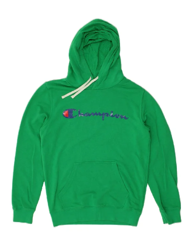 CHAMPION Mens Rochester Graphic Hoodie Jumper Small Green Cotton Hoodie with Hidden Zipper Minimalist Clean