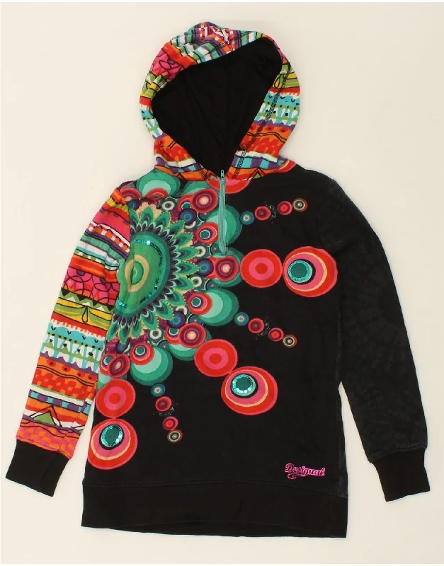 DESIGUAL Girls Hoodie Jumper 9-10 Years Black Patchwork Cotton Graphic Hoodie Design Print