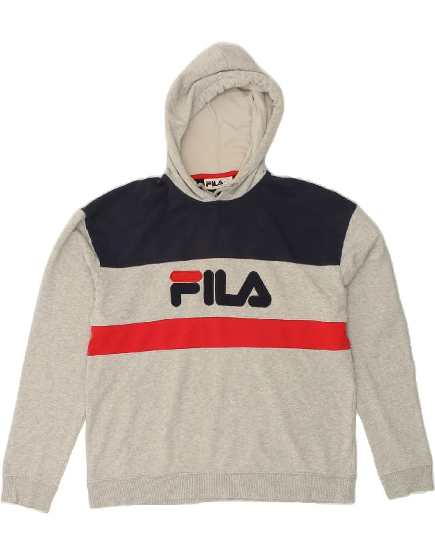 FILA Mens Graphic Hoodie Jumper Large Grey Colourblock Cotton Hoodie with Button Placket Classic Preppy