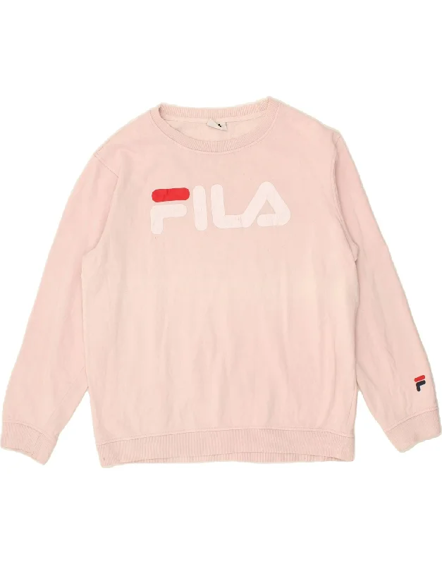 FILA Womens Oversized Graphic Sweatshirt Jumper UK 16 Large Pink Hoodie with Slit Hem Functional Movement