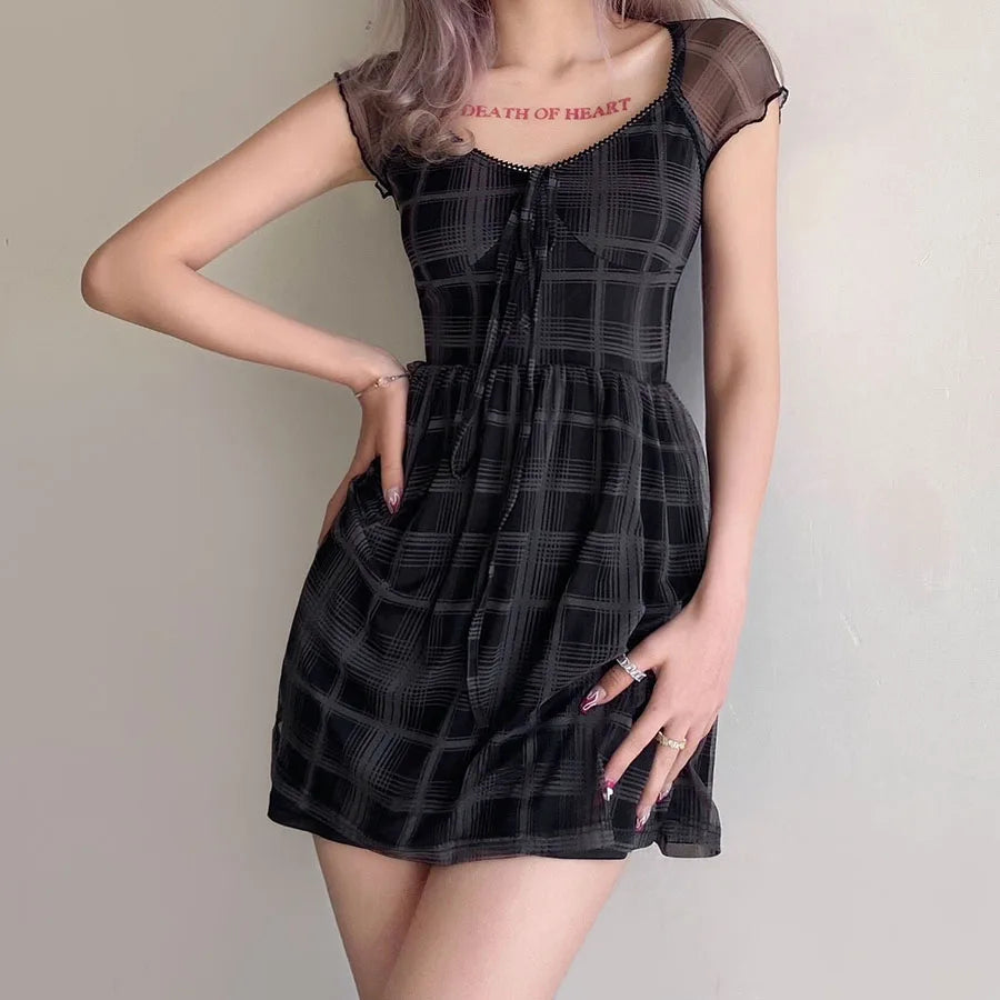Goth Plaid Mini Dress Trendy Button-Detail Mini Dress