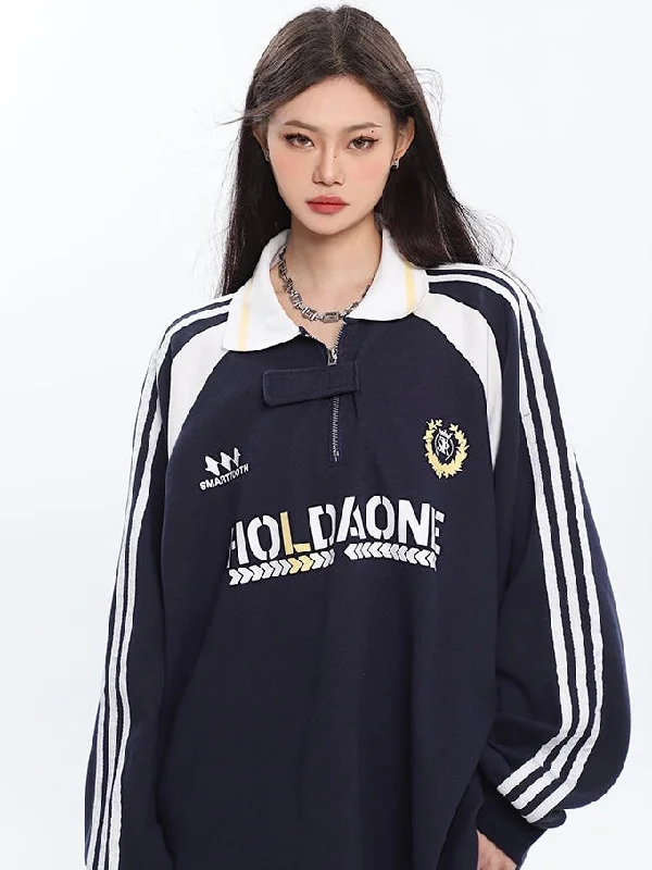 HOLDAON Retro Loose Polo Collar Stripe Long Sleeve Long Sweatshirt Hoodie with Full-Zip Functional Layering