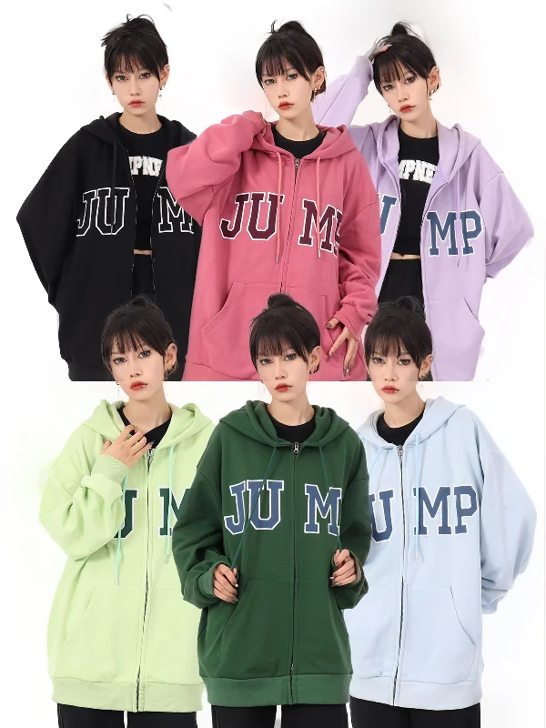 JUMP Big Logo Zip Up Loose Casual Long Sleeve Hoodie Hoodie with Applique Textured Unique