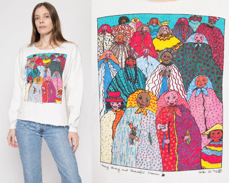 Large 90s Kiki Suarez "Many Strong And Beautiful Women" Art Print Sweatshirt Hoodie with Hem Raw Edge Edgy Unfinished