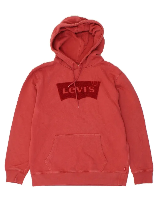 LEVI'S Mens Graphic Hoodie Jumper Medium Red Cotton Hoodie with Button Placket Classic Preppy