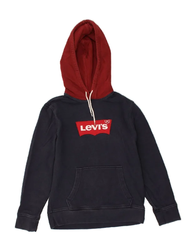 LEVI'S Mens Graphic Hoodie Jumper Small Navy Blue Colourblock Cotton Hoodie with Strings Custom Fit Adjustable