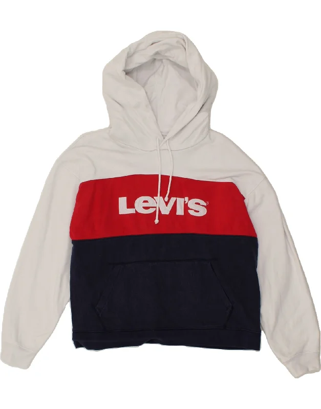 LEVI'S Womens Graphic Hoodie Jumper UK 18 XL White Colourblock Cotton Hoodie with Lining Warm Insulated