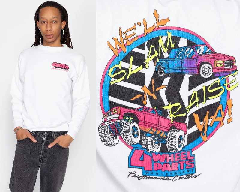 Medium 90s 4 Wheel Parts Trucker Sweatshirt Hoodie with Hem Ribbing Snug Secure