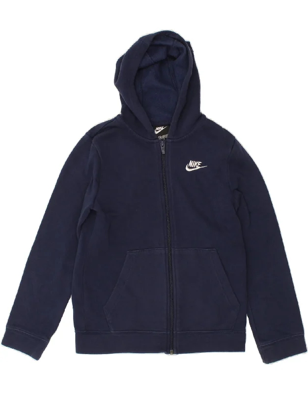 NIKE Boys Standard Fit Zip Hoodie Sweater 10-11 Years Medium Navy Blue Hoodie with Hem Patch Decorative Personalized