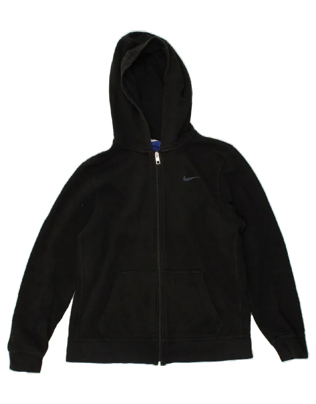 NIKE Boys Zip Hoodie Sweater 13-14 Years XL Black Cotton Hoodie with Hem Embroidery Detailed Premium