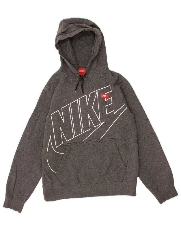 NIKE Mens Graphic Hoodie Jumper Small Grey Cotton Hoodie with Hem Ribbing Snug Secure