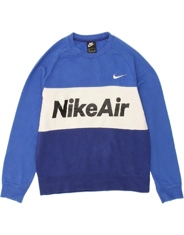 NIKE Mens Graphic Sweatshirt Jumper Small Blue Colourblock Cotton Hoodie with Monochrome Minimalist Simple