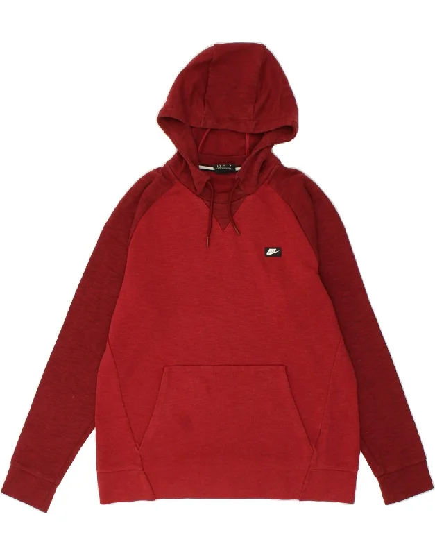 NIKE Mens Hoodie Jumper Medium Red Colourblock Cotton Hoodie with High Neck Warm Protective