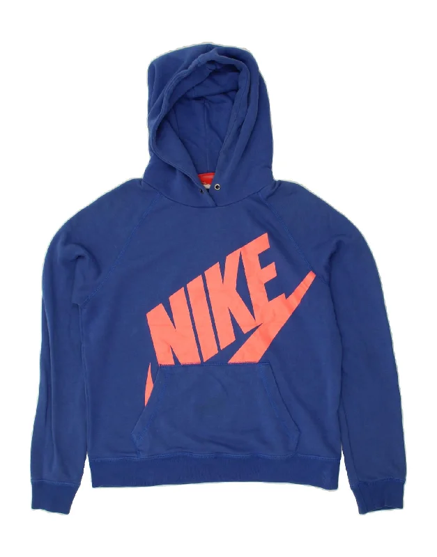 NIKE Womens Graphic Hoodie Jumper UK 14 Medium Navy Blue Cotton Hoodie with Fur Luxurious Winter