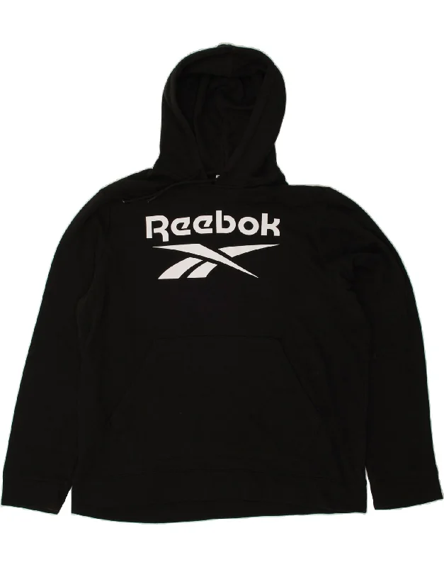 REEBOK Mens Graphic Hoodie Jumper XL Black Cotton Hoodie with Hem Raw Edge Edgy Unfinished