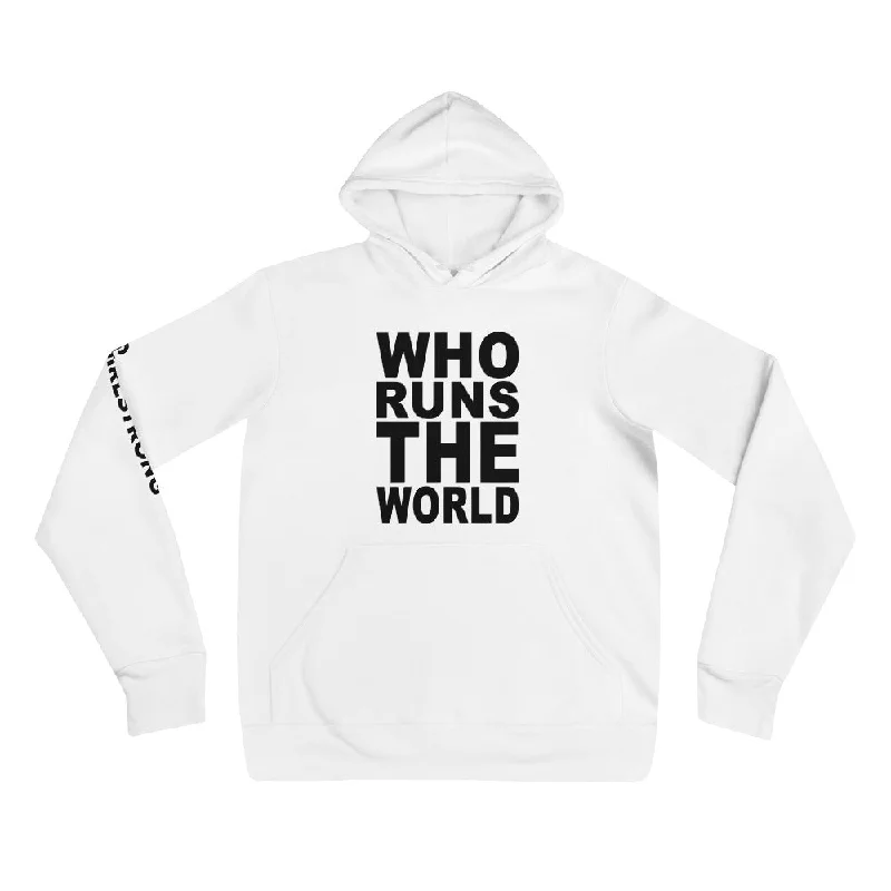 BEST FIT, BEST FEEL FLEECE HOODIE WHITE - WHO RUNS THE WORLD Hoodie with Side Slits Relaxed Casual