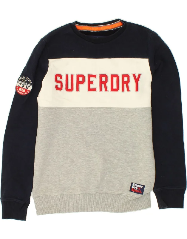 SUPERDRY Mens Graphic Sweatshirt Jumper Small Grey Colourblock Cotton Hoodie with Distressed Vintage Worn