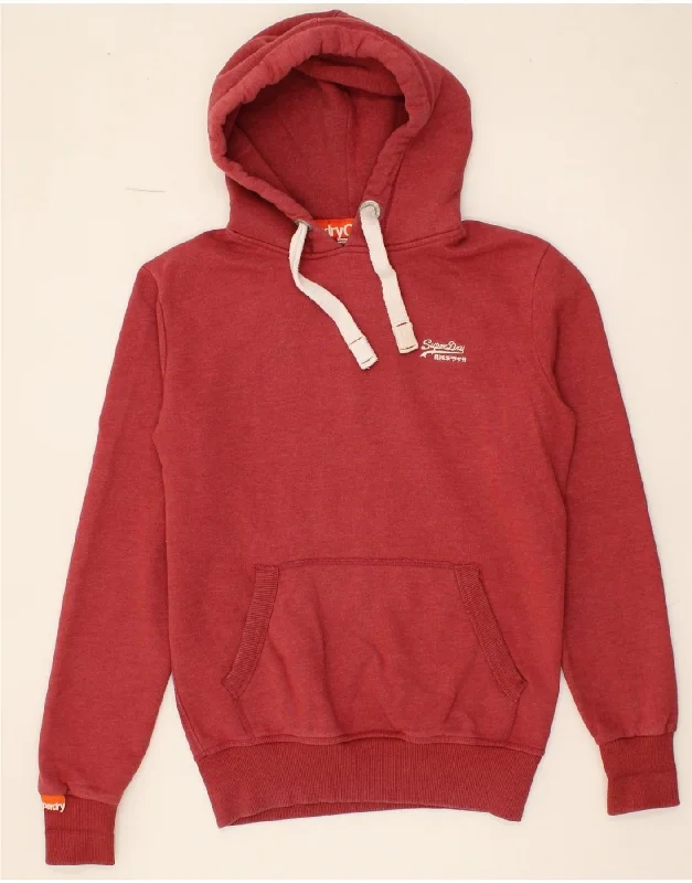 SUPERDRY Mens Hoodie Jumper Small Red Cotton Hoodie with Pattern Geometric Abstract