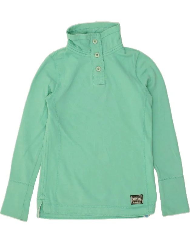 SUPERDRY Womens Button Neck Sweatshirt Jumper UK 14 Medium Green Cotton Hoodie with Longline Fit Extended Stylish