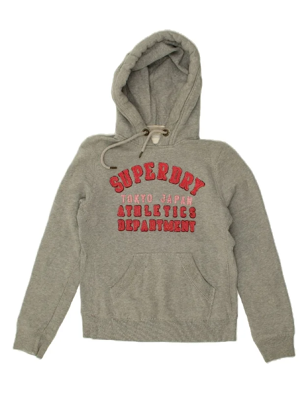 SUPERDRY Womens Graphic Hoodie Jumper UK 16 Large Grey Cotton Cotton Hoodie Fleece Lining Warmth