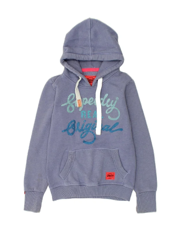 SUPERDRY Womens Graphic Hoodie Jumper UK 6 XS Blue Cotton Hoodie with Hem Embroidery Detailed Premium