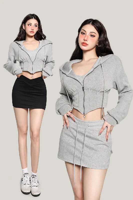 Viola Solid Color Gray Cropped Zip Up Long Sleeve Hoodie Hoodie with Toggle Buttons Decorative Unique