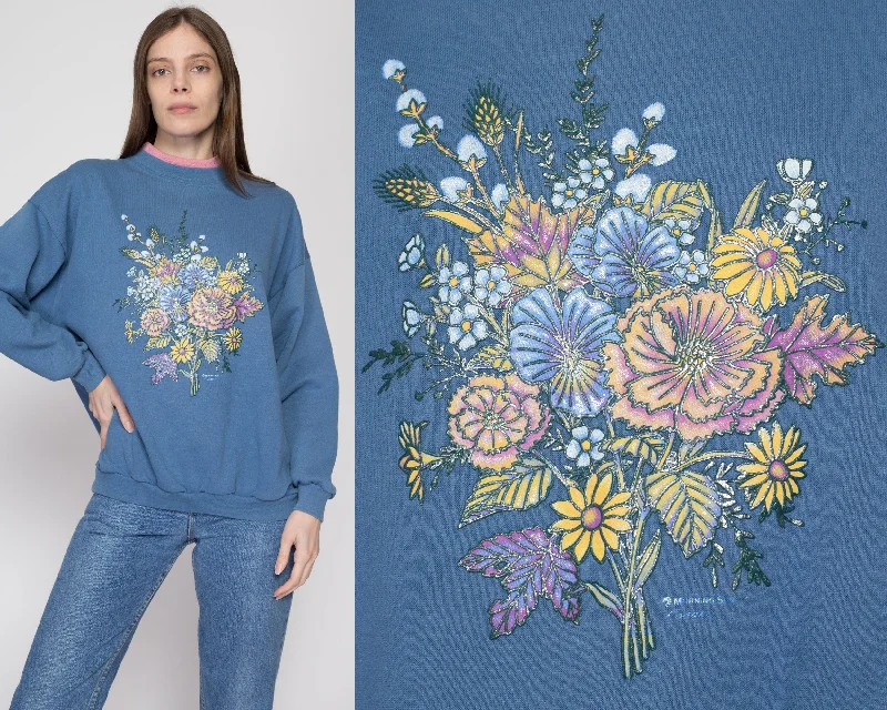 XL 90s Blue Flower Bouquet Collared Sweatshirt Hoodie with Sequins Glamorous Eye-catching