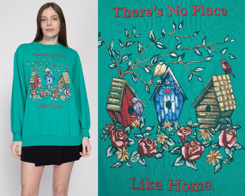 XL 90s "There's No Place Like Home" Birdhouse Sweatshirt Hoodie with High-Low Hem Asymmetrical Trendy