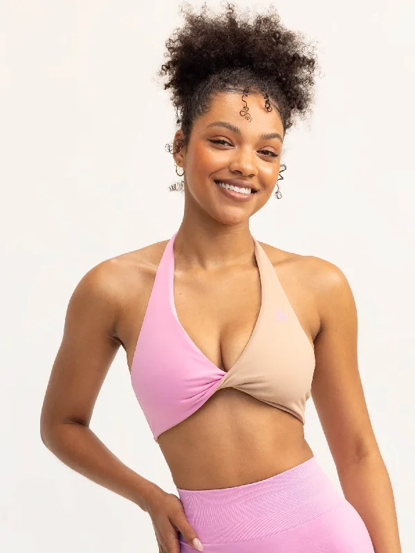 Duo Halter Twist Sports Bra - Musk Pink/Tan Push-Up Bra Set