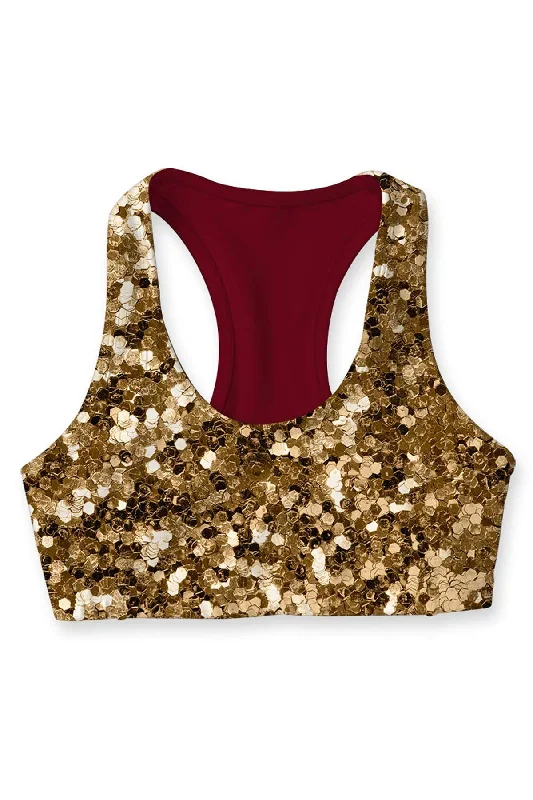 Haute Maroon Stella Gold Glitter Print Seamless Sport Yoga Bra - Women Comfortable Lace Bra