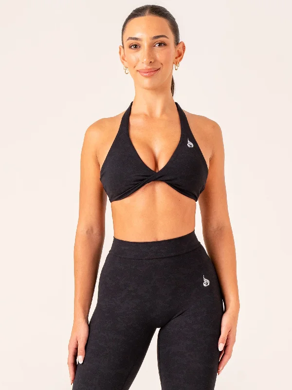 NKD Stonewash Halter Sports Bra - Black Stonewash Stretchy Wireless Bra