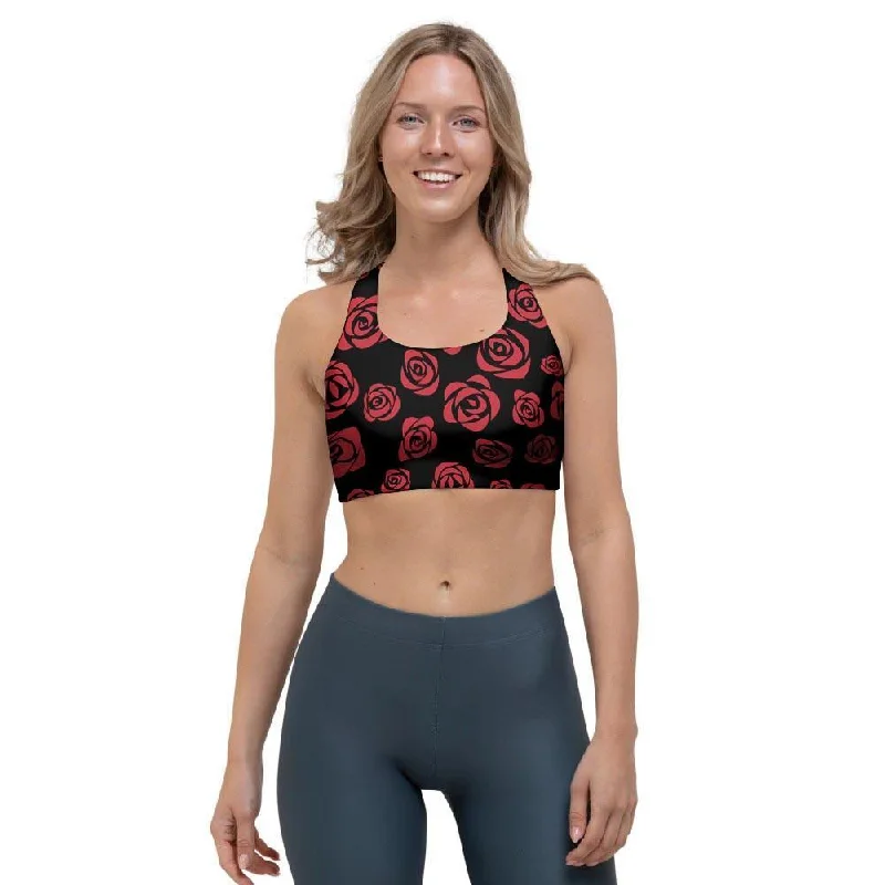 Red Rose Floral Doodle Sports Bra Smooth Push-Up Bra