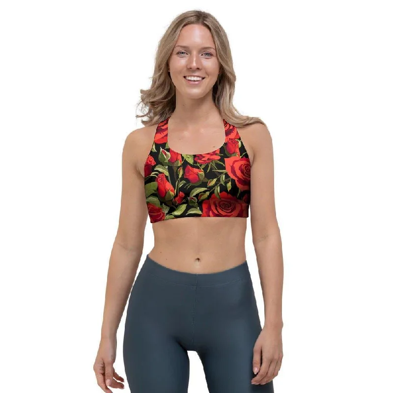 Red Rose Floral Sports Bra Versatile Bralette Set