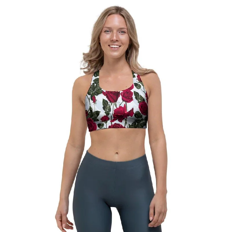 Red Rose Flower Print Sports Bra Adjustable Fit Bra