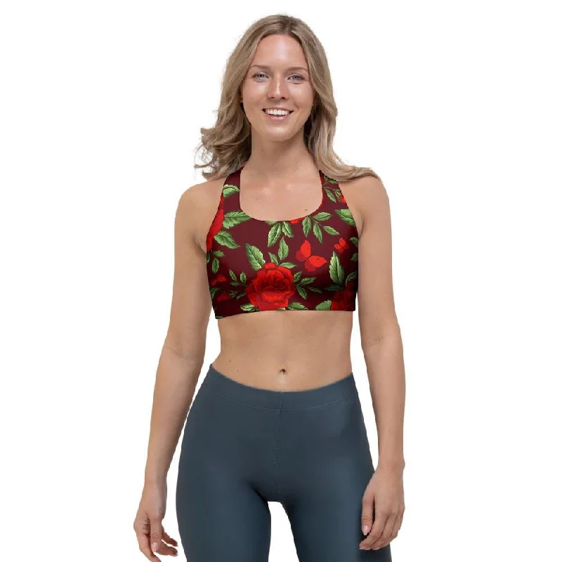 Red Rose Flower Sports Bra Lace Back Bra