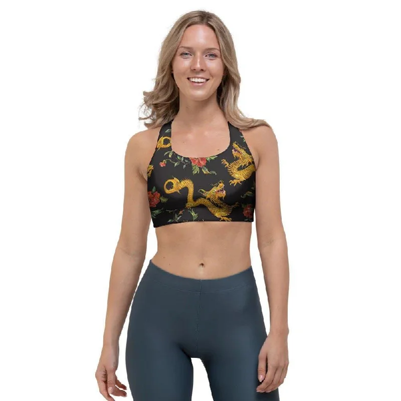 Rose Floral Golden Dragon Print Sports Bra Push-Up Wireless Bra