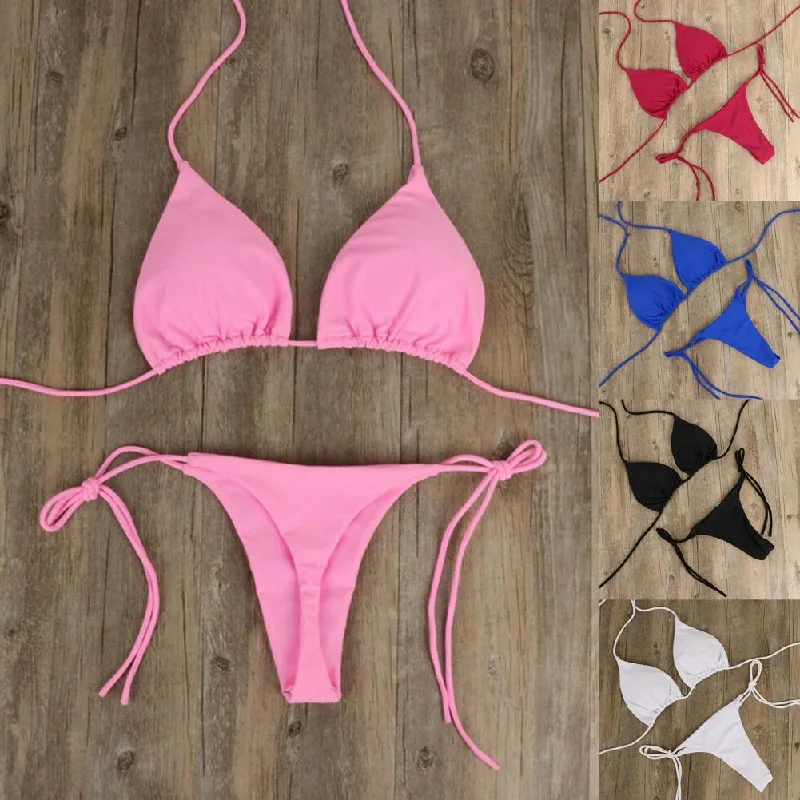 2 Pcs/Set Women Swimsuit Set Pure Colors Strap Halter Neck Thong Women Swimsuit Set   Women Swimsuit  for Travel Elegant Halter Bikini