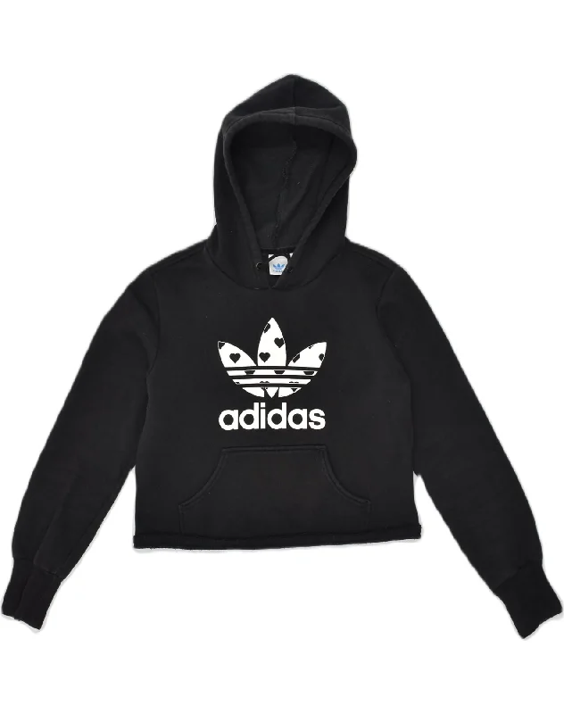 ADIDAS Womens Graphic Hoodie Jumper IT 40 Small Black Cotton Hoodie with Toggle Buttons Decorative Unique ADIDAS Womens Graphic Hoodie Jumper IT 40 Small Black Cotton Hoodie with Toggle Buttons Decorative Unique