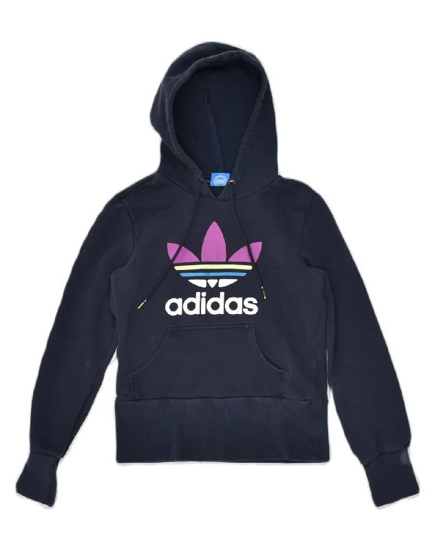 ADIDAS Womens Graphic Hoodie Jumper UK 8 Small Navy Blue Cotton Hoodie with Snap Buttons Easy Quick ADIDAS Womens Graphic Hoodie Jumper UK 8 Small Navy Blue Cotton Hoodie with Snap Buttons Easy Quick