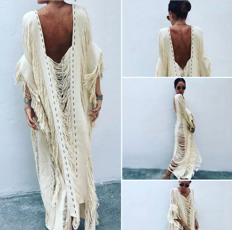 Handmade Frayed Maxi Beach Dress BO Swim Cover up Floral Print Swimsuit