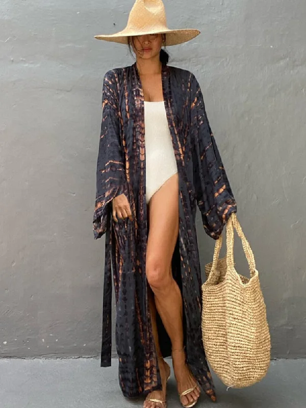 Bikini Cover Up, Tie Dye Printed Swimsuit Cape, Bohemian Beach Kimono Dresses Strappy Back Bikini