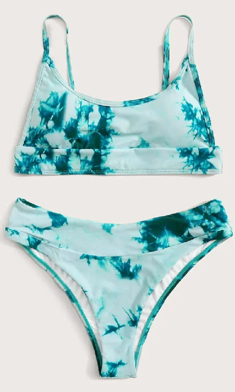 California Moment <br><span>Tie Dye Pattern Sleeveless Spaghetti Strap Scoop Neck Bralette High Cut Cheeky Bikini Two Piece Swimsuit</span> Sleek Full Coverage