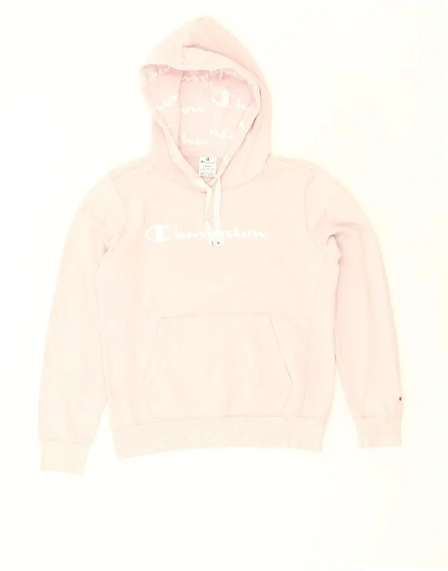 CHAMPION Womens Graphic Hoodie Jumper UK 16 Large Pink Cotton Hoodie with Mock Neck Collared Structured