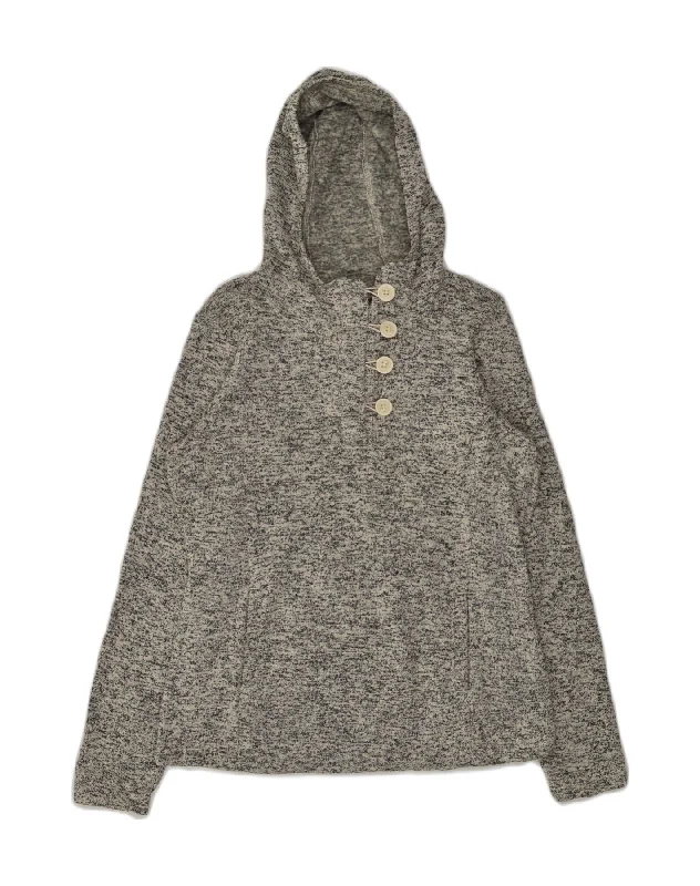 COLUMBIA Womens Button Neck Hoodie Jumper UK 16 Large Grey Flecked Hoodie with Raw Hem Edgy Unfinished