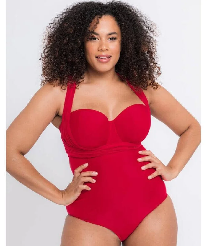 Curvy Kate Wrapsody Bandeau One Piece Swimsuit - Red Plunge Back Swimsuit