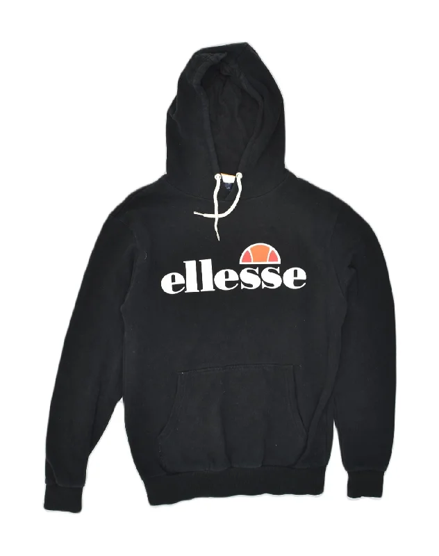 ELLESSE Womens Graphic Hoodie Jumper UK 10 Small Black Cotton Hoodie with Embroidery Detailed Premium