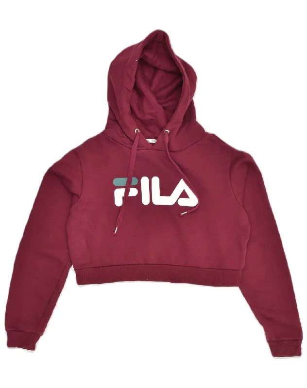 FILA Womens Graphic Crop Hoodie Jumper UK 14 Medium Burgundy Hoodie with Slim Fit Tailored Modern FILA Womens Graphic Crop Hoodie Jumper UK 14 Medium Burgundy Hoodie with Slim Fit Tailored Modern