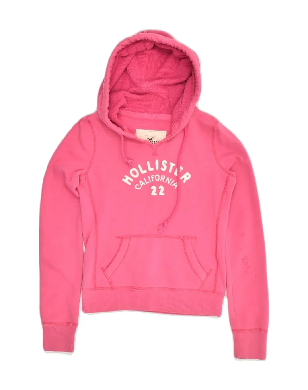 HOLLISTER Womens Graphic Hoodie Jumper UK 6 XS Pink Cotton Hoodie with Raglan Sleeves Sporty Comfortable HOLLISTER Womens Graphic Hoodie Jumper UK 6 XS Pink Cotton Hoodie with Raglan Sleeves Sporty Comfortable