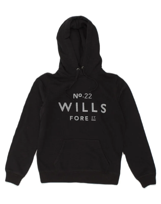 JACK WILLS Womens Graphic Hoodie Jumper UK 12 Medium  Black Cotton Hoodie with Stripes Bold Sporty